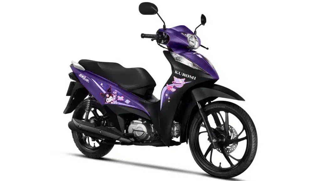 Honda Biz125 EX Kuromi em roxo fosco, com design e detalhes da personagem, vista lateral em fundo branco.
