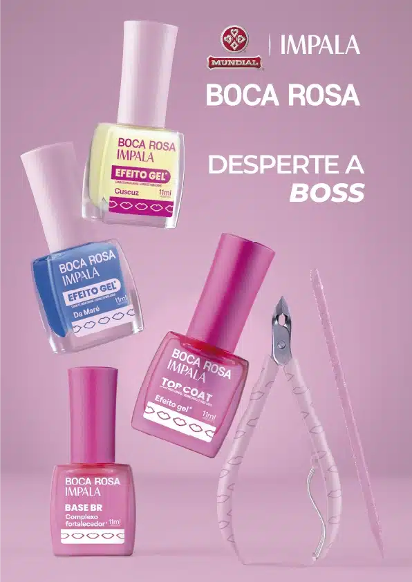 Conjunto de esmaltes Boca Rosa Impala e Mundial, com frascos e top coat, em fundo rosa e texto promocional.