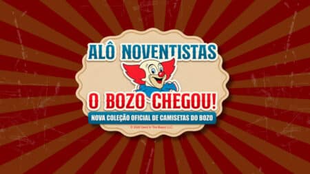 Bozo: Nova coleção oficial de camisetas com a Loja 90 Arte do Bozo com texto “ALÔ NOVENTISTAS” e anúncio da “Nova Coleção Oficial de Camisetas do Bozo”