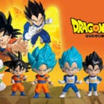 Figuras colecionáveis Dragon Ball Super no Burger King, com personagens em poses de combate no fundo laranja