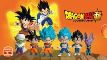Coleção Dragon Ball Super no Burger King com figuras dos personagens Figuras colecionáveis Dragon Ball Super no Burger King, com personagens em poses de combate no fundo laranja