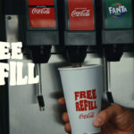 Burger King Free Refil Coca-Cola Copo de Coca-Cola com rótulo “Free Refill” em máquina de refil do Burger King.