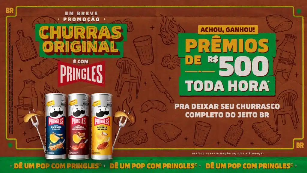 Arte promocional do Churras Original da Pringles, com prêmios de R$500 e destaque dos sabores na imagem.
