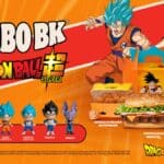 Combo Burger King com Dragon Ball Super: personagens em destaque e bandeja do lanche, incluindo copo e embalagem.