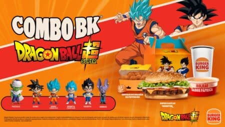 Combo Dragon Ball Super do Burger King Combo Burger King com Dragon Ball Super: personagens em destaque e bandeja do lanche, incluindo copo e embalagem.