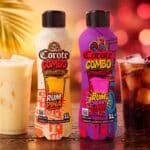 Garrafas do Corote Combo sabores Rum Piña e Rum Cherry Libre com drinks na mesa, ao lado de frutas e gelo.