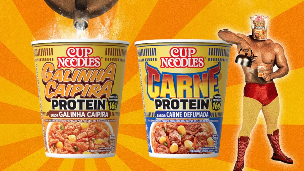 Cup Noodles Protein Galinha Caipira e Carne Defumada com 16g de proteína Embalagens de Cup Noodles Protein nos sabores Galinha Caipira e Carne Defumada, com destaque para 16g de proteína por porção.