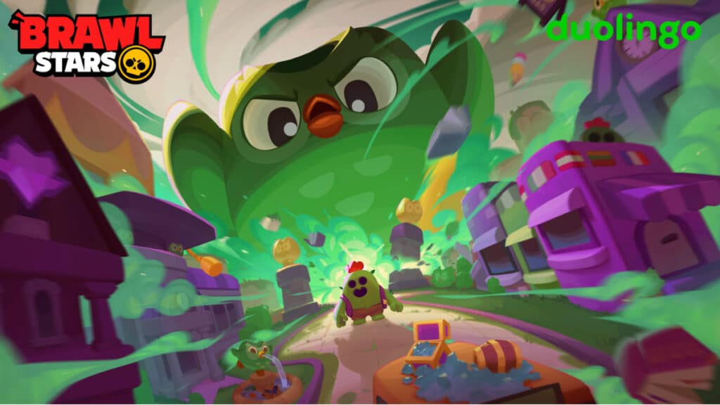 Duolingo e Brawl Stars: Duo e Spike no Starr Park Cena de Brawl Stars com personagens do Duolingo e mascote Spike em um cenário colorido de Starr Park, com logo Duolingo.