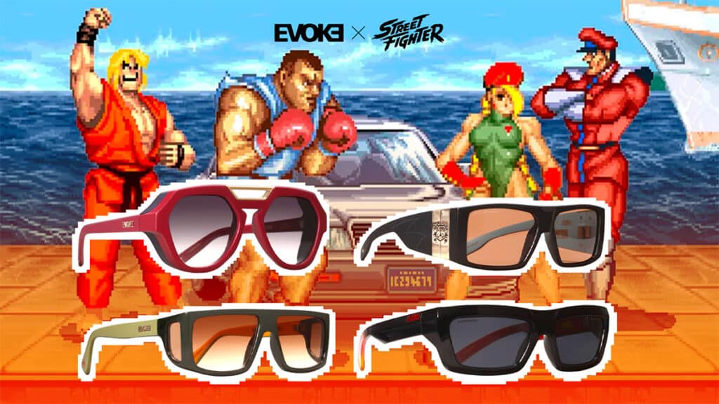 Coleção EVOKE Street Fighter com óculos de sol e armações decoradas com personagens estilo videogame