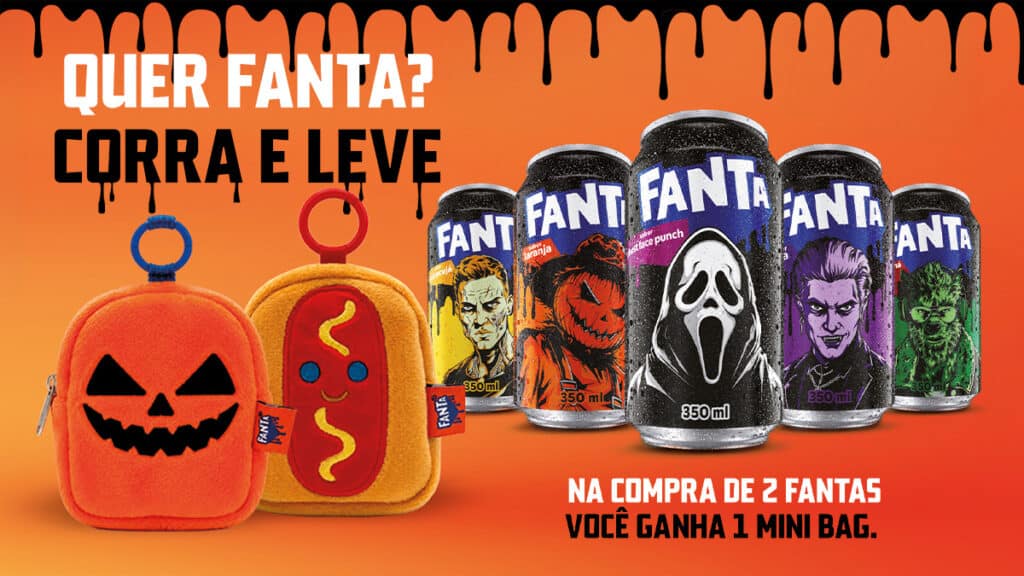 Arte promocional da Fanta de Halloween com mini bags colecionáveis e latas da bebida.