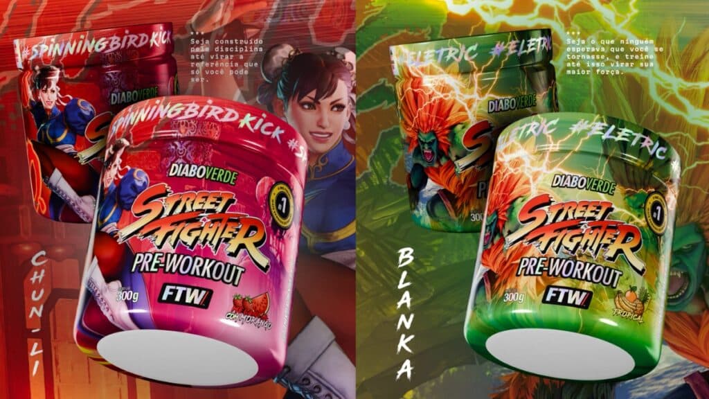 Latas de pré-treino FTW Street Fighter com sabores Diabovermelho e Diaboverde em promoção.