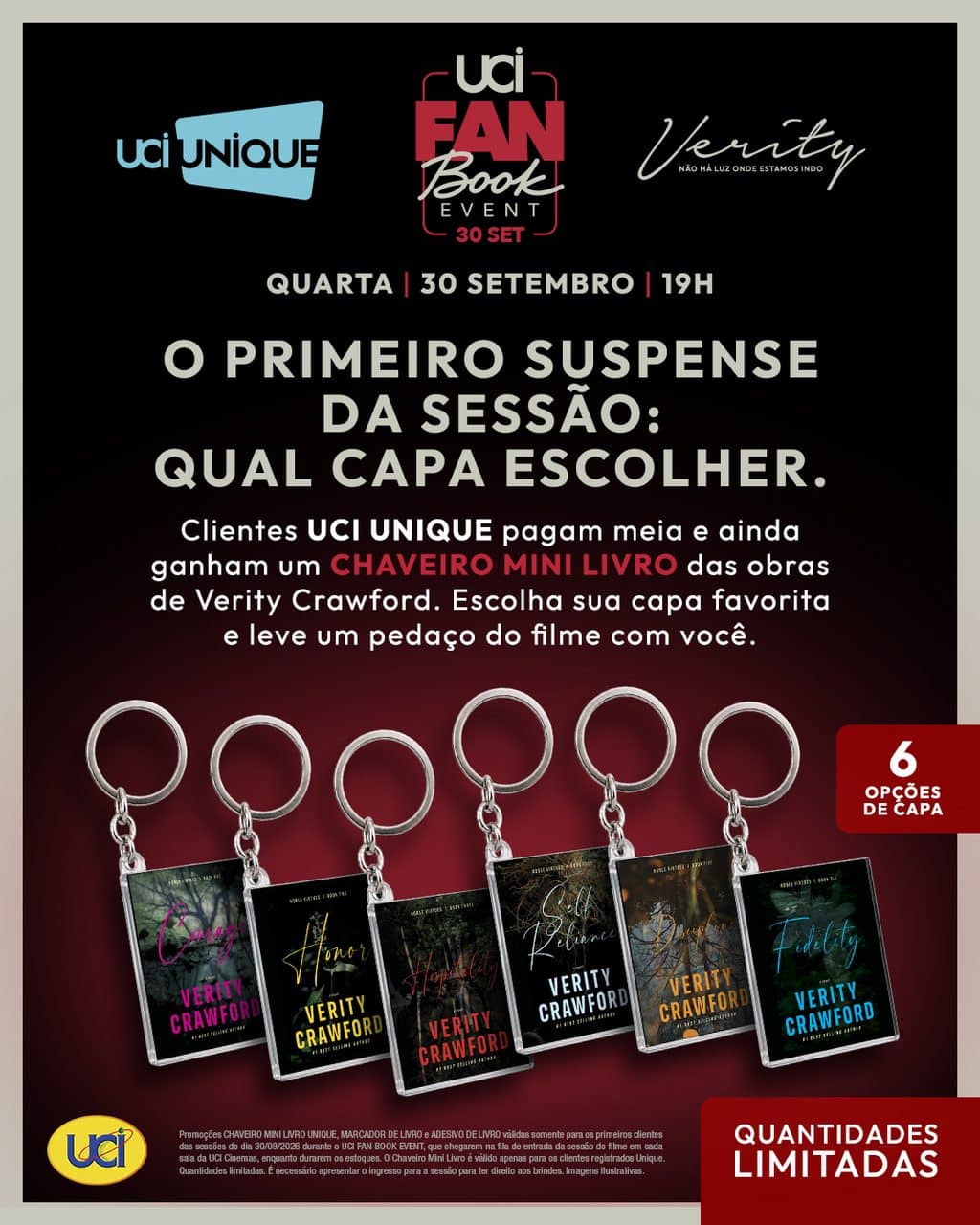 Arte promocional do UCI Fan Book Event de Verity, com opções de capa e chaveiros mini livro para o público.