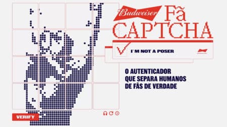 Budweiser Bud Fã Captcha com verificação e autenticador Imagem de captcha Budweiser com verificação e texto “I'm not a poser” e mensagem sobre autenticador de fãs reais.