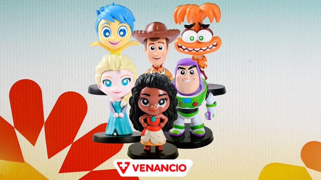 Miniaturas colecionáveis Venancio Disney e Pixar Miniaturas colecionáveis da Venancio com personagens da Disney e Pixar, como Elsa, Buzz e Woody.