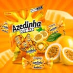 Embalagem de balas mastigáveis Icekiss Azedinha sabor maracujá com maracujás e fundo laranja