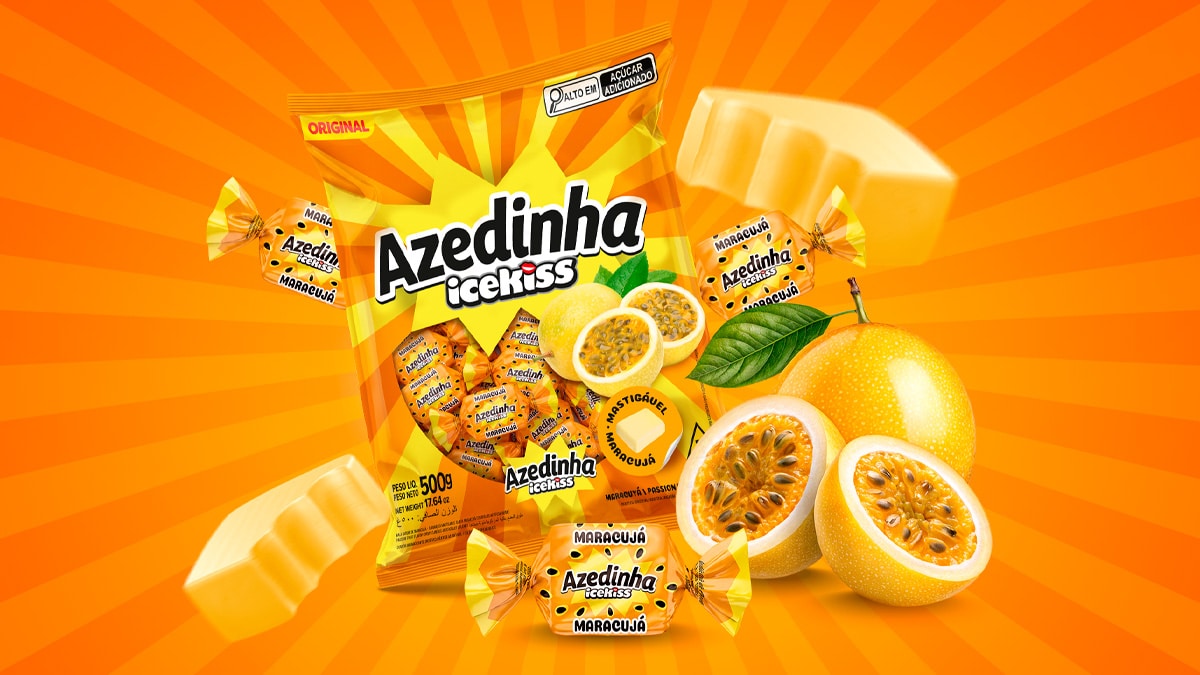 Embalagem da bala Icekiss Azedinha sabor maracujá exibindo frutas frescas