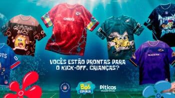 Piticas: camisetas oversized com Bob Esponja e NFL Camisetas oversized da Piticas com Bob Esponja e times da NFL, incluindo Kansas City Chiefs e Philadelphia Eagles, em collage colorida.
