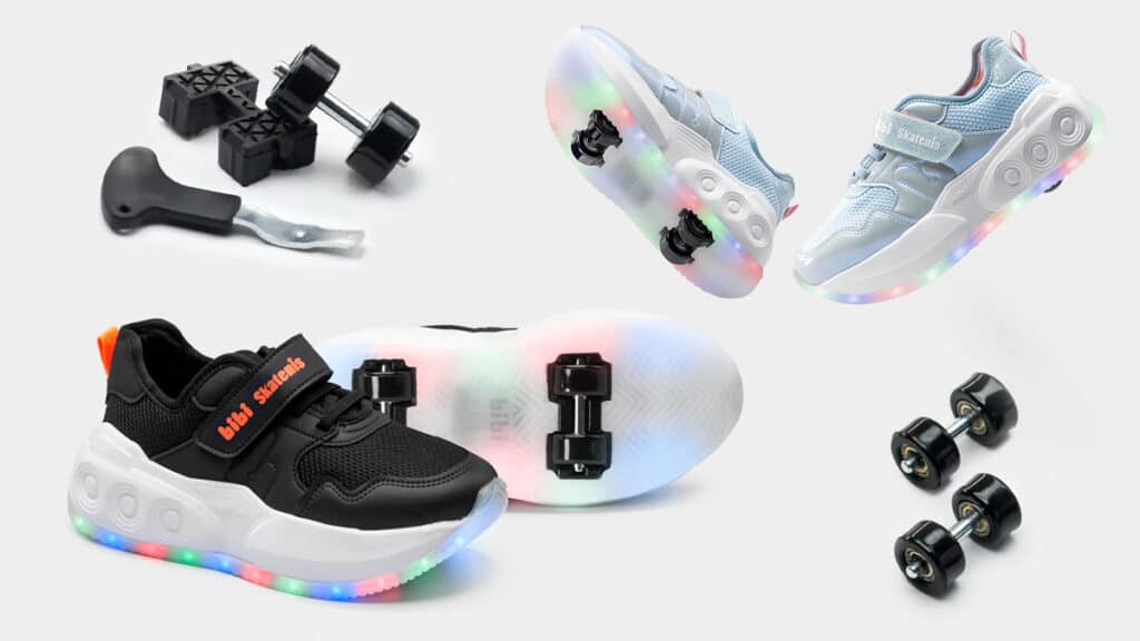 Tênis infantil Bibi Skatenis gkpb com LEDs multicoloridos no solado e peças de ajuste, em fundo branco