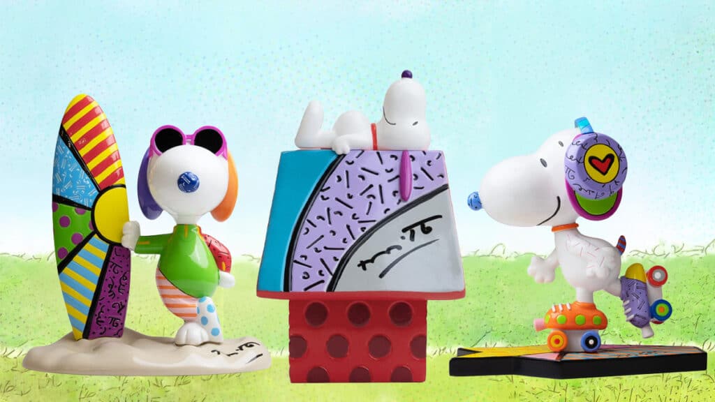 Esculturas do Snoopy e personagens do Peanuts em estilo colorido, com base e relógio, assinadas por Romero Britto.