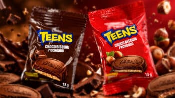 Teens Choco Biscuit Recheado 13g chocolate e avelã Embalagem do snack Teens Choco Biscuit Recheado 13g nos sabores chocolate e avelã