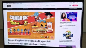 Tela do site GKPB com matéria sobre Burger King lançando coleção de Dragon Ball no Brasil e combo exclusivo.