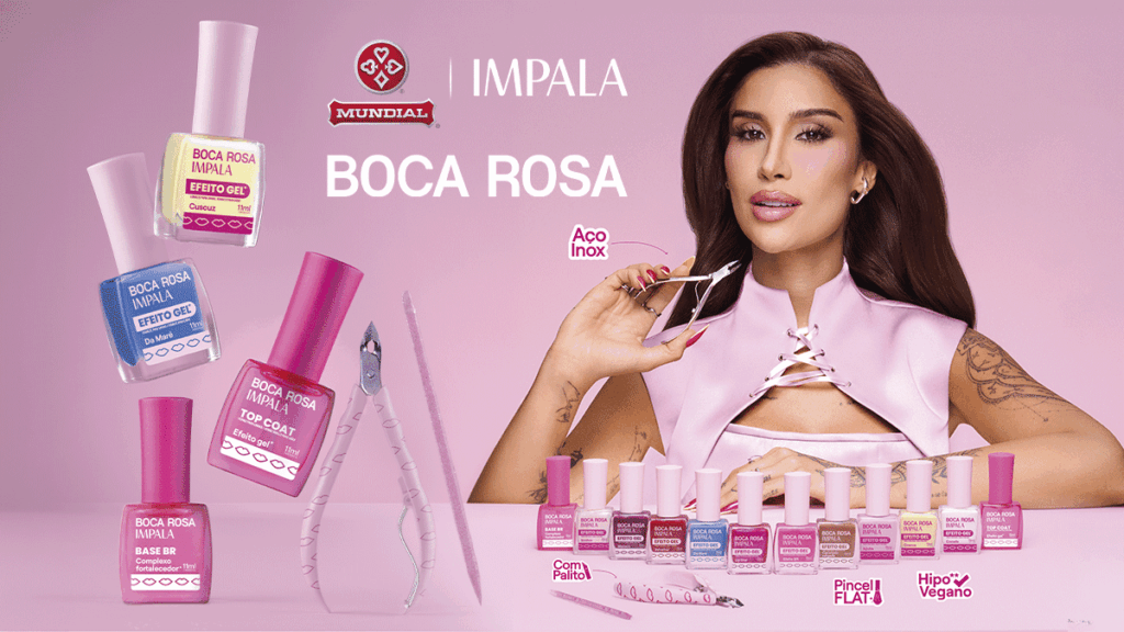 Impala Boca Rosa x Mundial: coleção de unhas para a Beauty Fair 2026 Campanha de esmaltes e acessórios da coleção Impala Boca Rosa em parceria com a Mundial, com mulher ao lado dos produtos