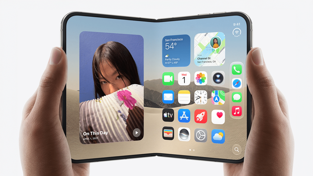 Smartphone dobrável da Apple iPhone Duo aberto, mostrando tela com ícones e previsão do tempo