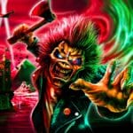 Ilustração do Eddie do Iron Maiden em estilo neon, com bandeiras e prédios ao fundo, em loja oficial no Brasil.