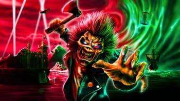 Eddie do Iron Maiden em estilo neon para loja oficial no Brasil Ilustração do Eddie do Iron Maiden em estilo neon, com bandeiras e prédios ao fundo, em loja oficial no Brasil.