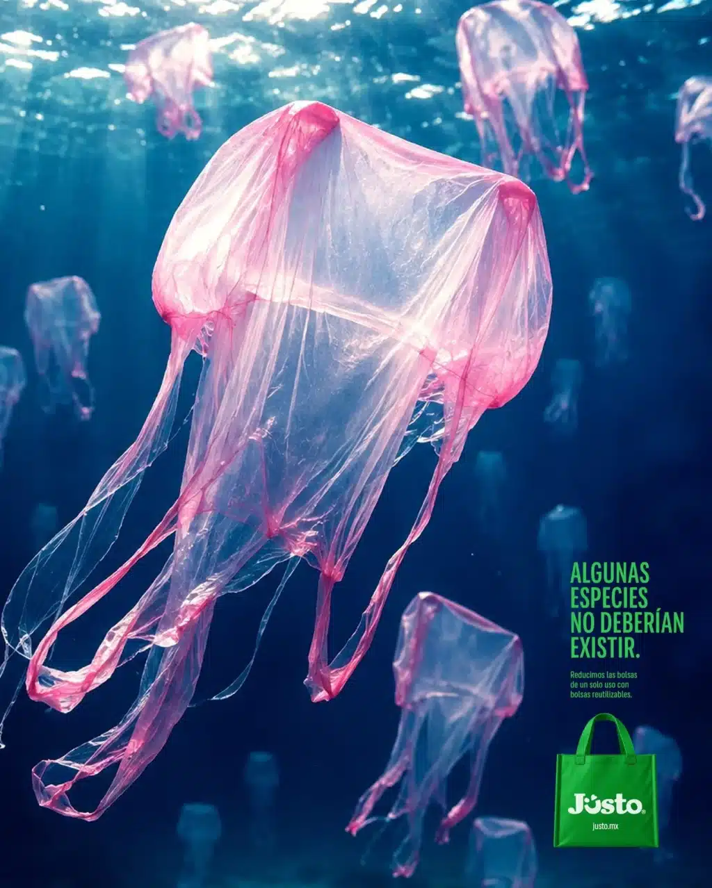 Campanha marinha com medusas feitas de resíduos plásticos flutuando no oceano, com embalagem verde ao fundo.