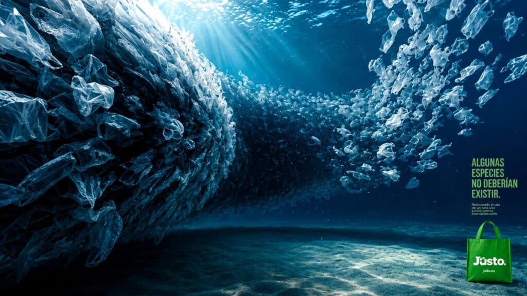 Fundo do oceano com plásticos na água e partículas formando espécies marinhas, em campanha contra a poluição dos oceanos.