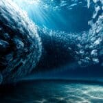 Fundo do oceano com plásticos na água e partículas formando espécies marinhas, em campanha contra a poluição dos oceanos.