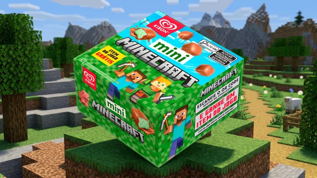 Kibon Mini Minecraft: embalagem edição especial Embalagem do Kibon Mini na edição especial em parceria com Minecraft, com tema do jogo e personagens