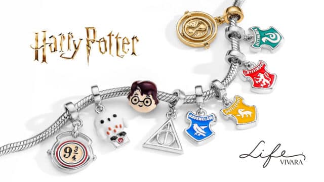 Joias da Life by Vivara inspiradas em Harry Potter, com pingentes das casas de Hogwarts e símbolos icônicos.