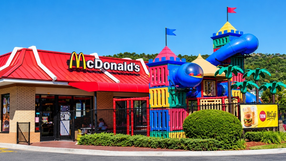 Conceito Play Portals do McDonald's mostrando área lúdica inflável
