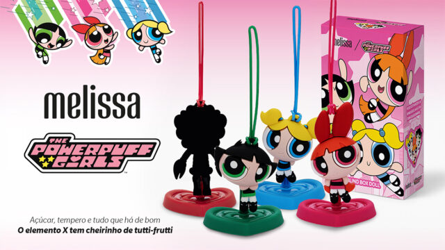 Melissa Meninas Superpoderosas: blind box com miniaturas em base, e caixa com personagens e vilão raro.