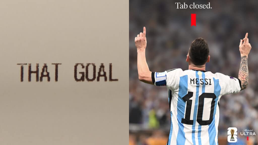 Lionel Messi, de costas, comemora em campo com uniforme da Argentina; imagem promocional Michelob Ultra com frase “THAT GOAL”.