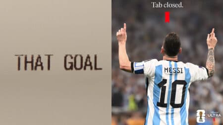 Lionel Messi, de costas, comemora em campo com uniforme da Argentina; imagem promocional Michelob Ultra com frase “THAT GOAL”.