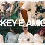 Mickey e amigos estampados em camiseta e um grupo em cena, promovendo a coleção Kings Sneakers Disney.
