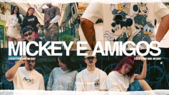 Mickey e amigos estampados em camiseta e um grupo em cena, promovendo a coleção Kings Sneakers Disney.