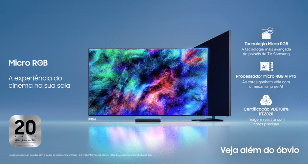 Samsung Micro RGB: TVs com tecnologia Micro RGB Banner da Samsung com TVs Micro RGB, mostrando imagem de uma TV e informações sobre a tecnologia Micro RGB.