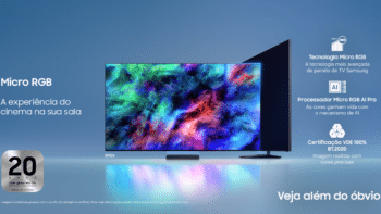 Samsung Micro RGB: TVs com tecnologia Micro RGB Banner da Samsung com TVs Micro RGB, mostrando imagem de uma TV e informações sobre a tecnologia Micro RGB.