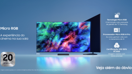 Samsung Micro RGB: TVs com tecnologia Micro RGB Banner da Samsung com TVs Micro RGB, mostrando imagem de uma TV e informações sobre a tecnologia Micro RGB.