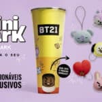 Imagem promocional da linha Minimark Cinemark com colecionáveis BT21 em mini chaveiros de pelúcia.