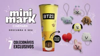 Minimark Cinemark: colecionáveis BT21 Imagem promocional da linha Minimark Cinemark com colecionáveis BT21 em mini chaveiros de pelúcia.