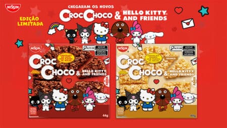 NISSIN Croc Choco edição limitada Hello Kitty and Friends Embalagens NISSIN Croc Choco edição limitada com personagens Hello Kitty and Friends.
