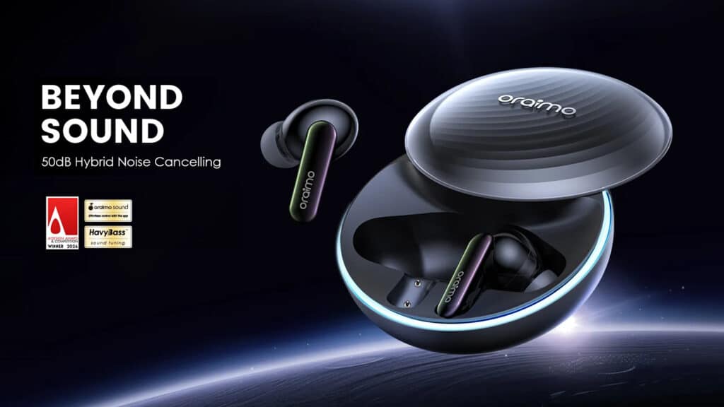 Oraimo Spacebuds Brasil: fones Bluetooth com cancelamento de ruído Imagem de fone de ouvido bluetooth Oraimo Spacebuds com tecnologia de cancelamento de ruído e o estojo aberto