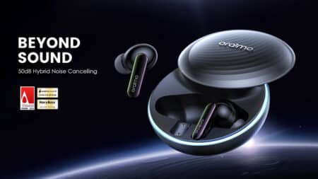 Imagem de fone de ouvido bluetooth Oraimo Spacebuds com tecnologia de cancelamento de ruído e o estojo aberto