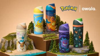 Owala x Pokémon: garrafas térmicas com Pikachu e Charizard Coleção de garrafas térmicas Owala com estampas de Pokémon, incluindo Pikachu e Charizard, em fundo promocional