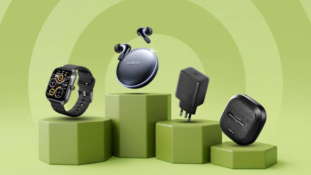 Produtos Oraimo no Brasil: smartwatch, fones e carregadores Acessórios tecnológicos Oraimo sobre suportes verdes: smartwatch, fones sem fio e carregadores